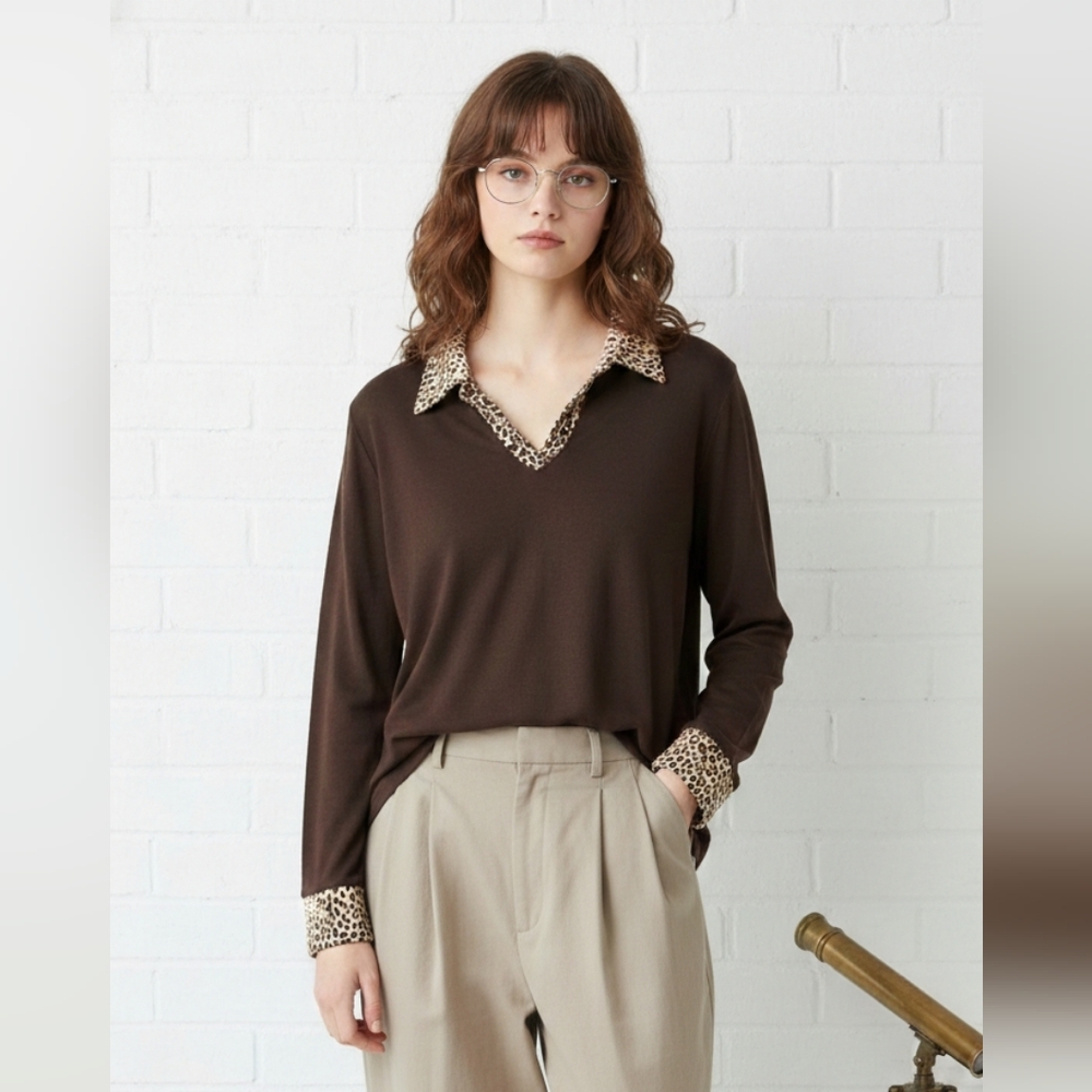 Fashion Bug Blouse Brown Leopard Layered Office 1X+